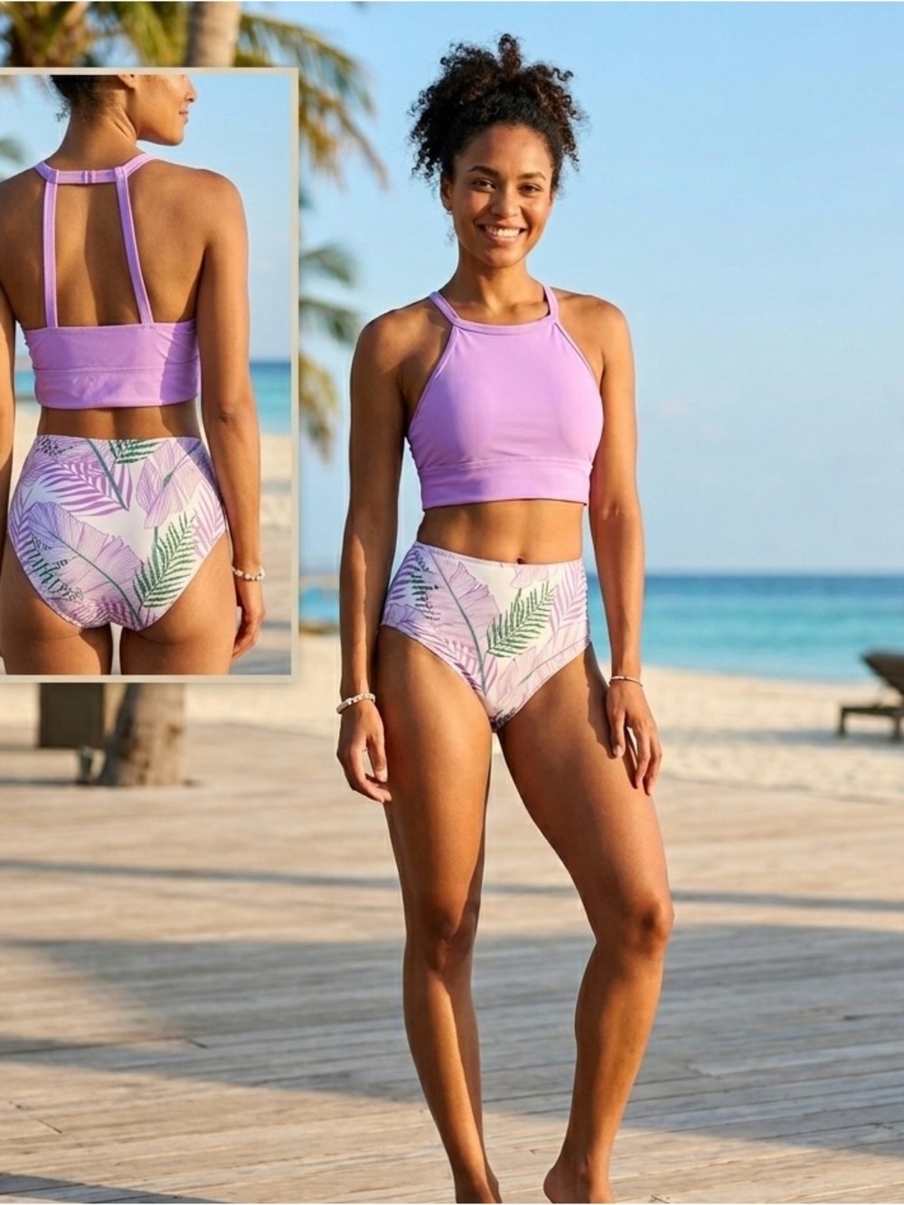 Boho Purple High-Waisted Bikini Floral Leaf Print Tankini Set